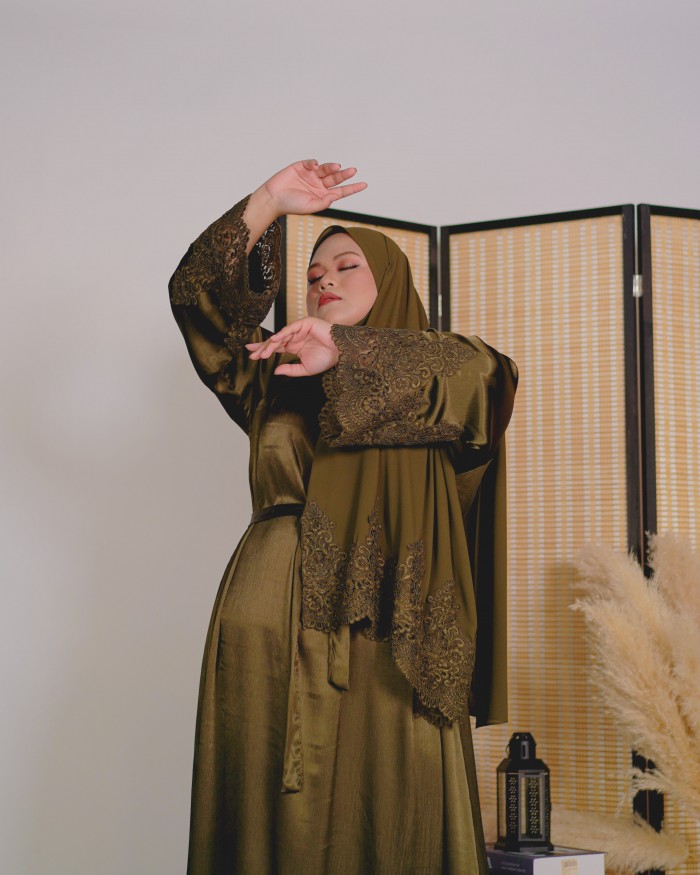 Hajeema Lace Abaya (Dark Olive)