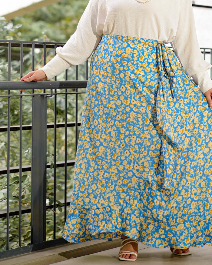 Naa-Ra Ruffle Wrap Skirt (Floral Blue)